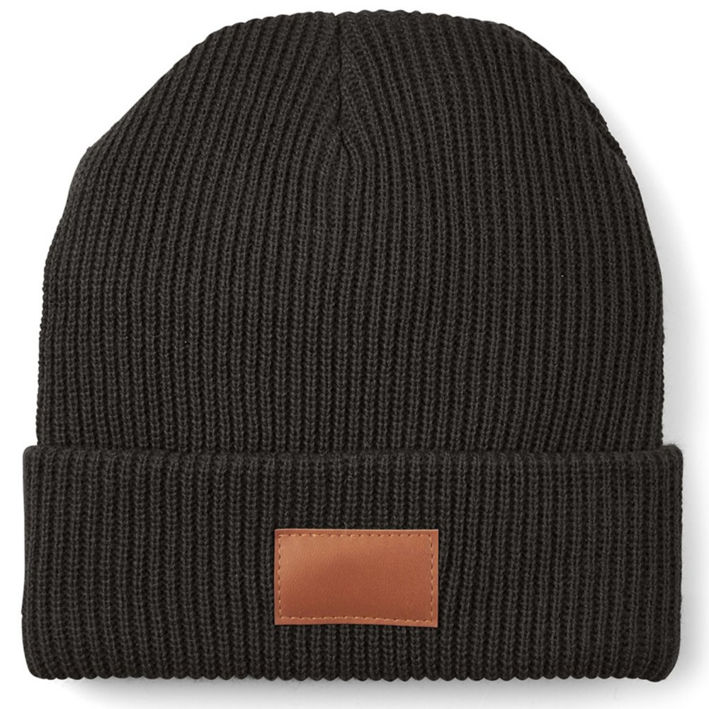 Add Your Logo: Ribbed Knit Beanie with Faux Leather Patch