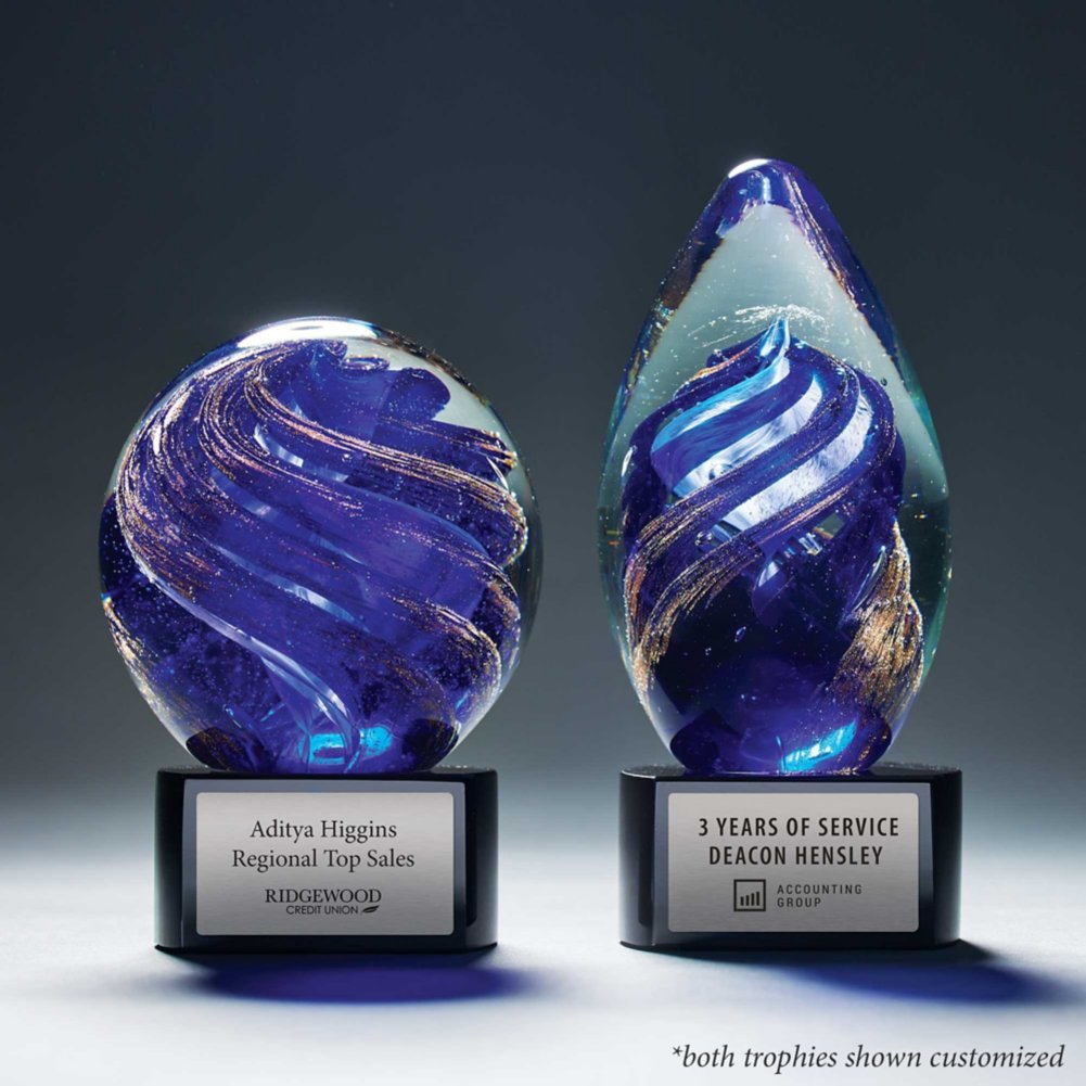 Art Glass Trophy - Blue and Gold Glitter Teardrop