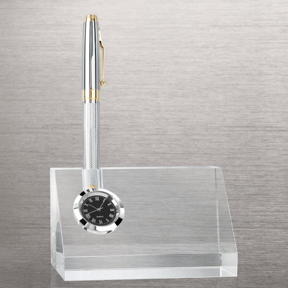 Contemporary Crystal Desktop Clock with Pen Holder