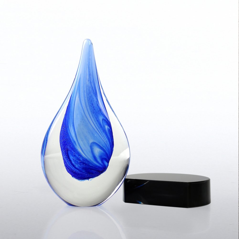 Art Glass Trophy - Blue and White Swirl Teardrop