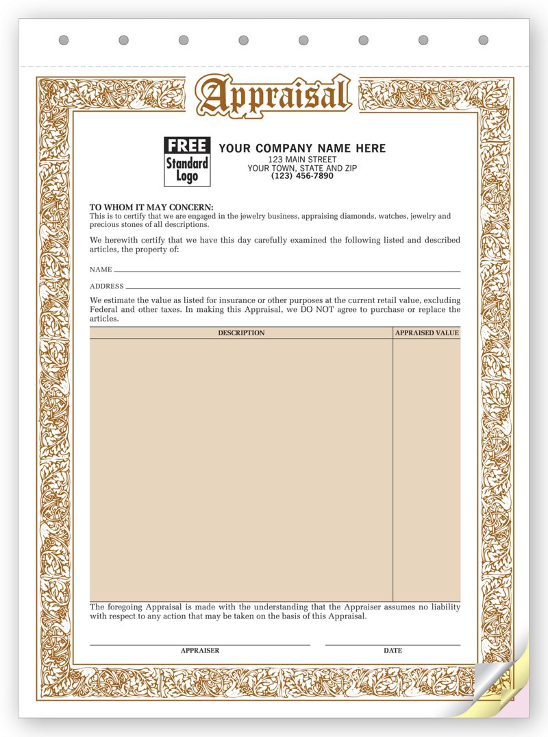 Appraisal Form Jewelry Appraisal Forms 128 By Deluxe