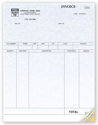 Blank business invoice with item details and payment information fields imprinted with sample company logo & name