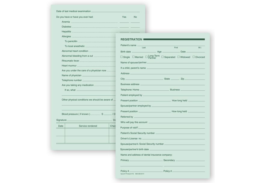 Product image for Dental Registration Forms, Two - Sided, Green Ledger - Item# 15