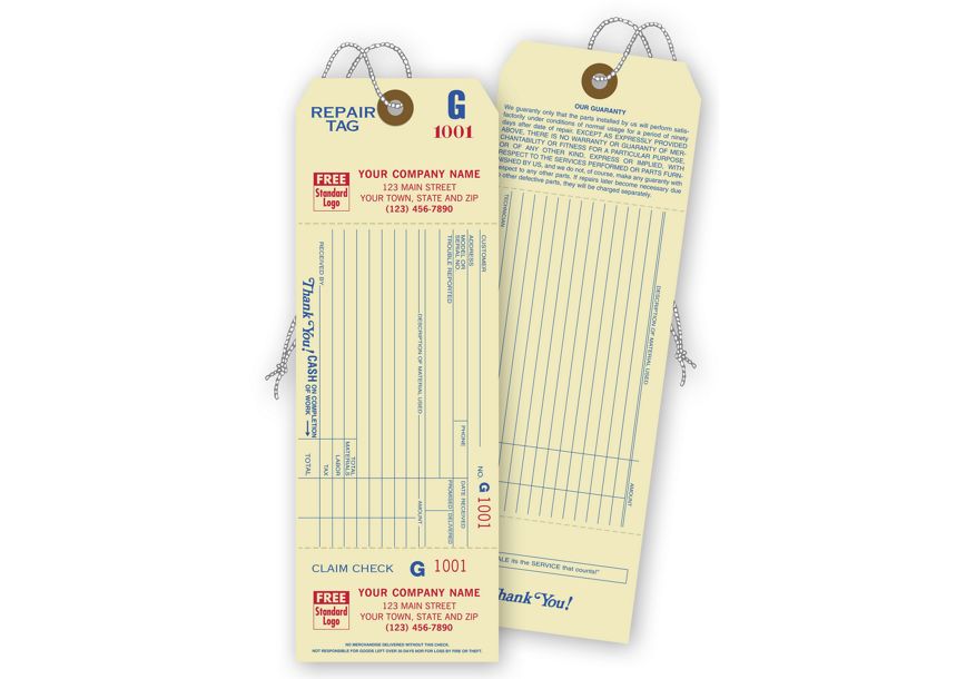 Product image for Repair Tags w/ Detachable Claim Check, 1 Part, Manilla - Item# 301