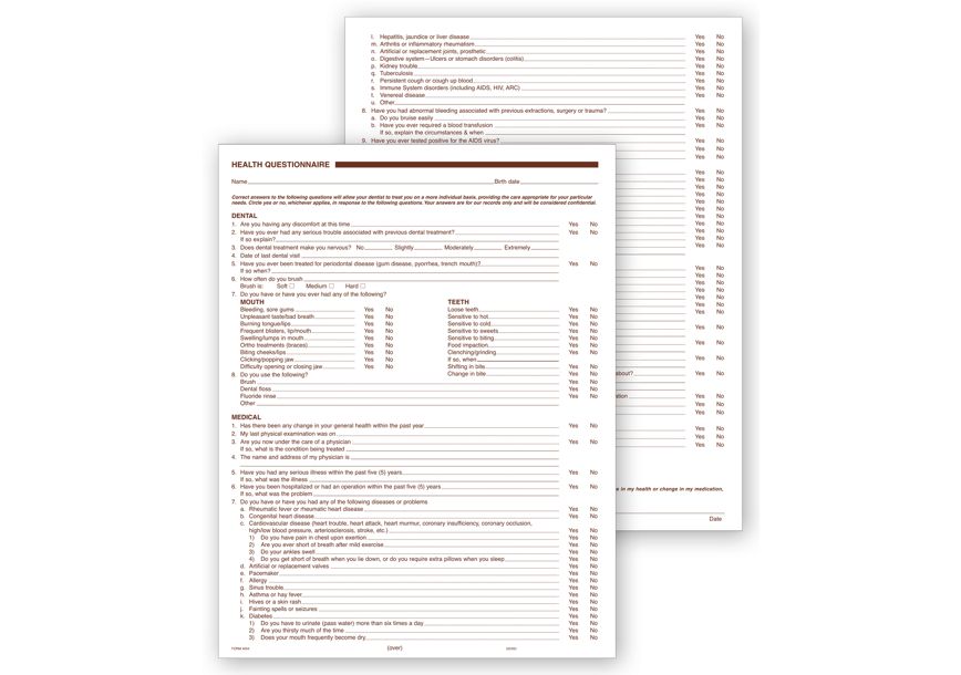 Product image for Dental Health History Questionnaires, 2 Sided, No Hole Punch - Item# 4054