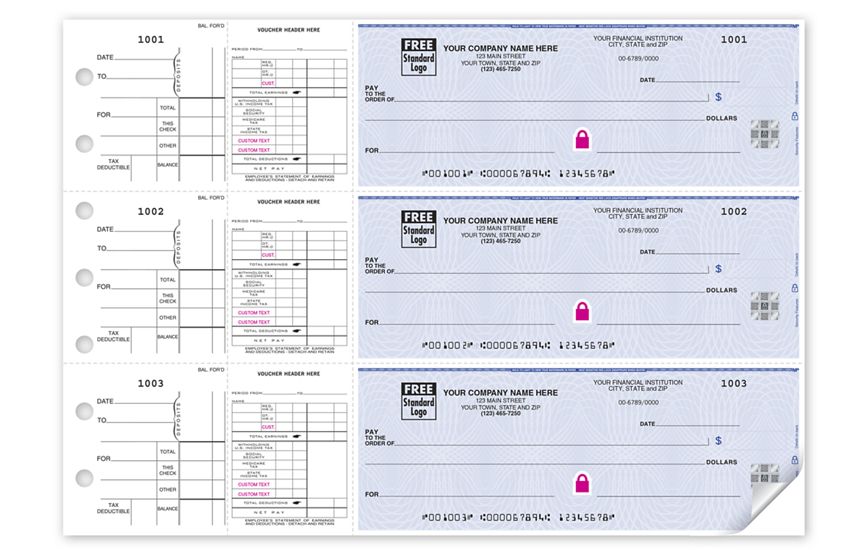 Product image for High Security 3/Page Payroll Disbursement Check, Side Tear - Item# 53226HS