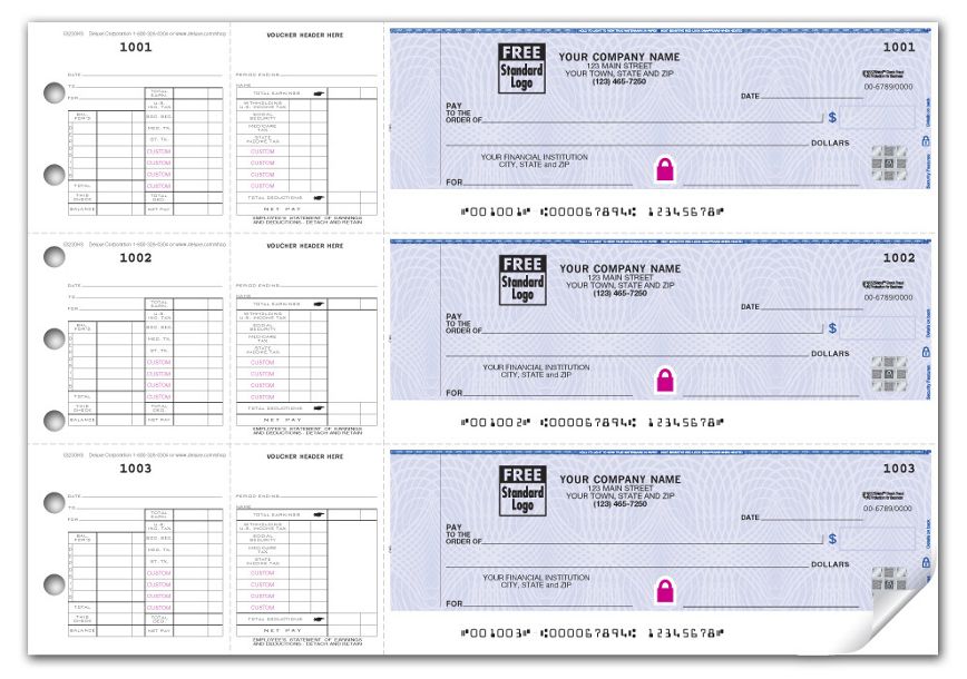 High Security 3 on Page Salary Payroll Checks, End Stub & Panel