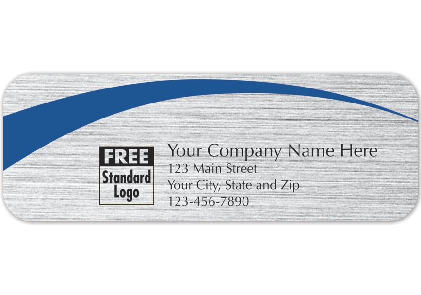 Product image for Rectangular Label on Brushed Silver w/Blue Arc 3.5x1.25 - Item# 58114