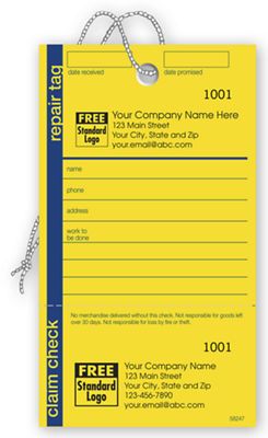 Service Repair Tag with Detachable Claim Check 3.125 X 5