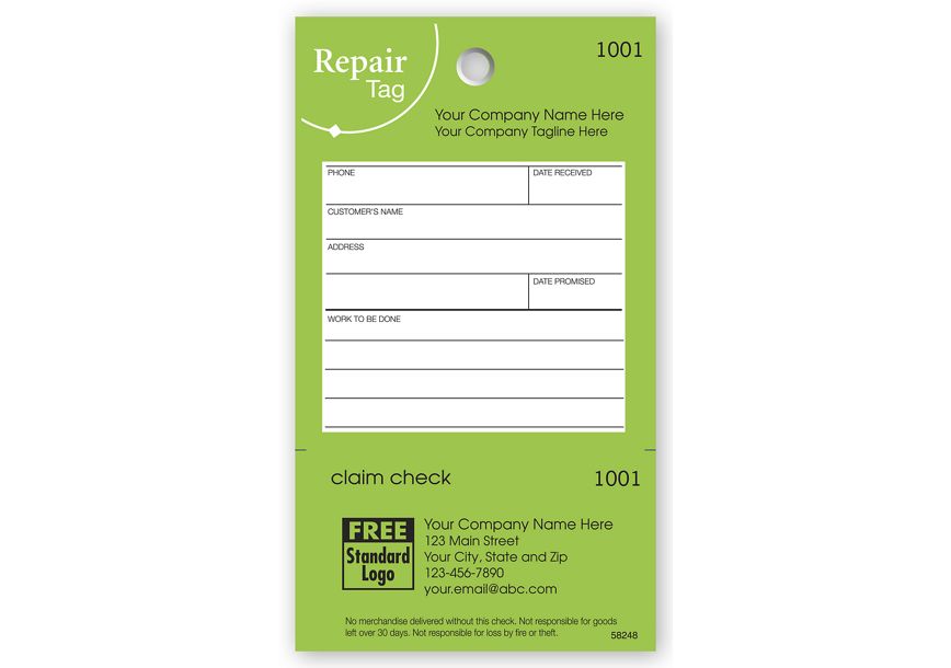 Product image for Repair Tag in Green w/White Fill-In Space 3.125 x 5.5 - Item# 58248