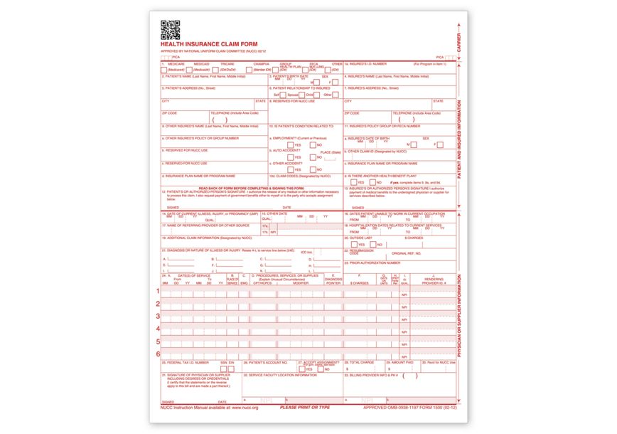 Product image for CMS-1500 Laser Sheet Insurance Claim Form, Version 02/12 - Item# 60150X