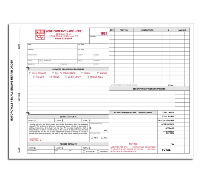 Business Forms Small Engine Motorcycle Repair Orders with Carbons