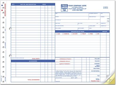 Work Orders - Custom Garage Repair Orders - Large Side-Stub Forms ...