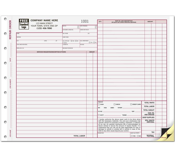 Repair Orders Work Orders - Repair Order Sheets and Work Order Form ...