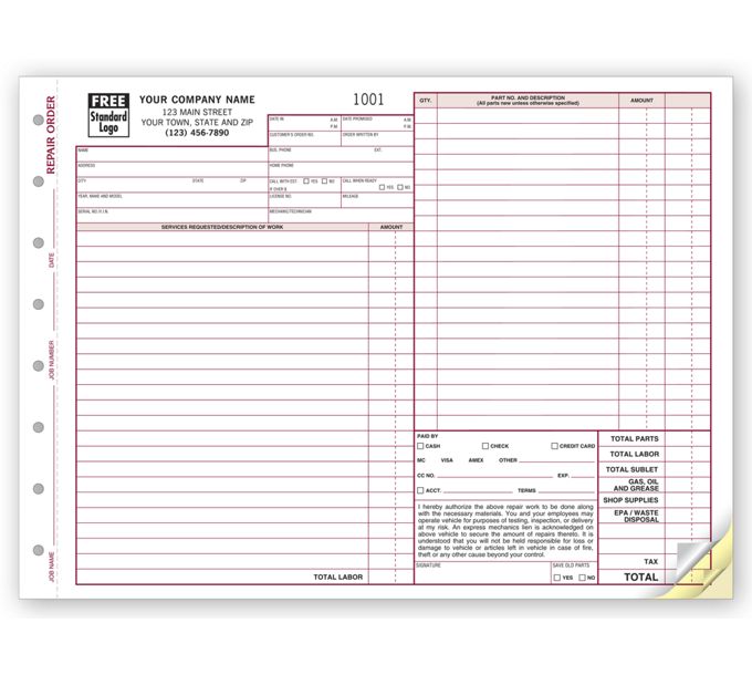 Manual Work Orders - Repair Order Sheets and Work Order Form Templates ...