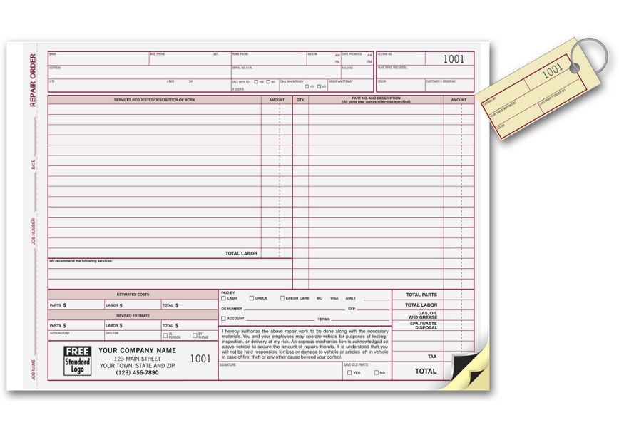 Business Forms - Repair Orders with Key Tag and Carbons - 6582 by Deluxe for Free Printable Auto Repair Order Forms