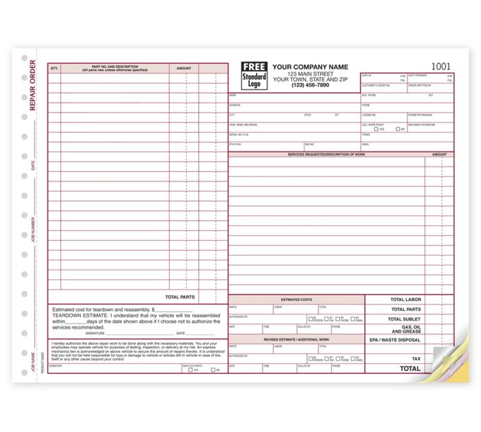 Compact Repair Order Forms for Auto Repair Shops