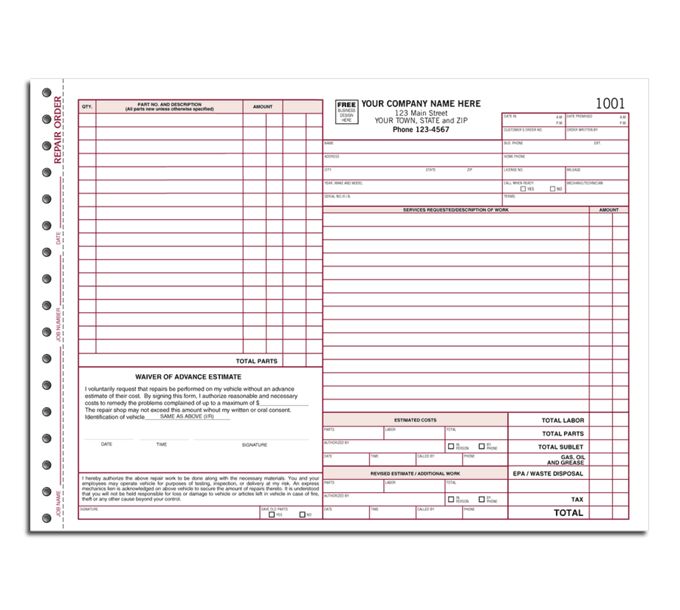 Repair Orders Work Orders - Repair Order Sheets and Work Order Form ...