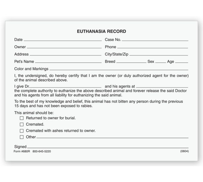 Veterinary Euthanasia Record Form Pads 680R