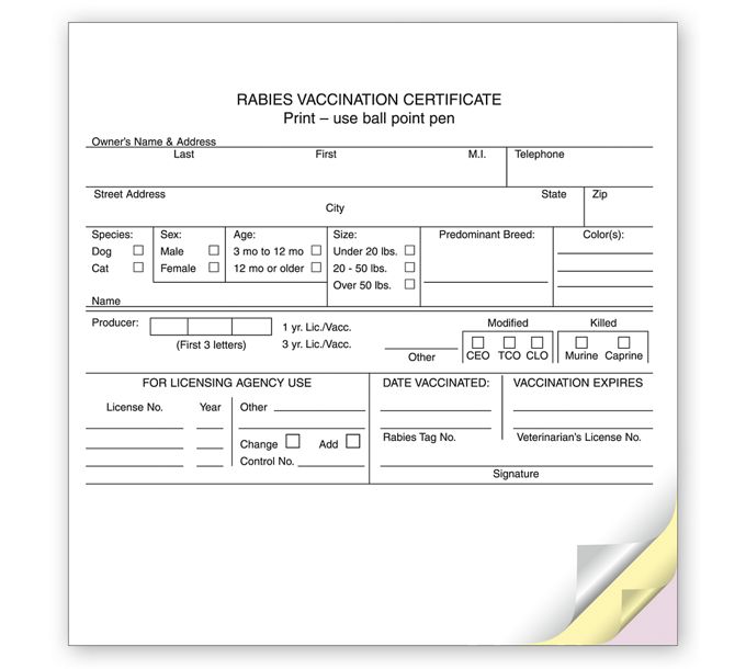 Business Forms - Numbered Vet Rabies Vaccination Certificates - 7718