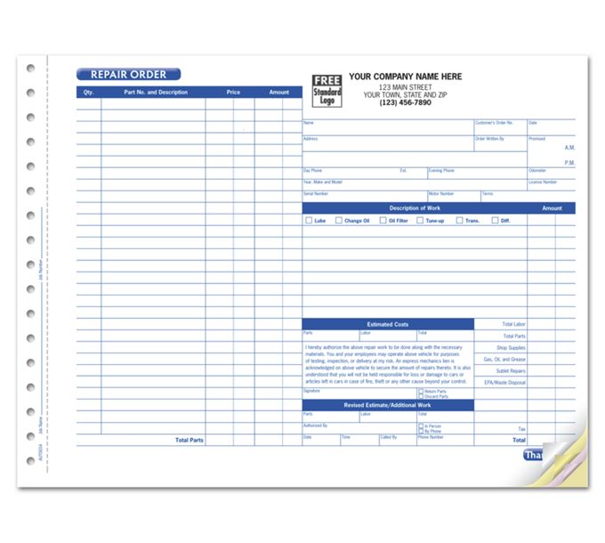 Garage Repair Order Form With Side-stub, Carbonless, Large 