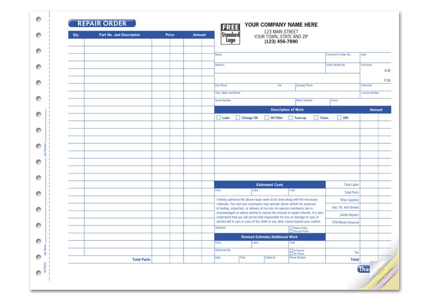 Product image for Garage Repair Order with Side-Stub, Carbonless, Large - Item# AUT0654