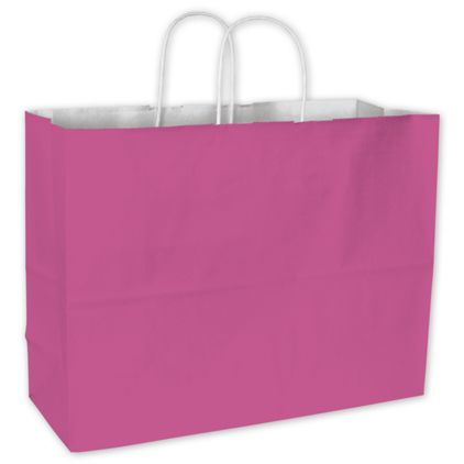 Hot Pink Color-on-White Kraft Shoppers, 16 x 6 x 12 1/2"