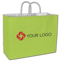 Printed Lime Color-on-White Kraft Shoppers, 16x6x12 1/2"