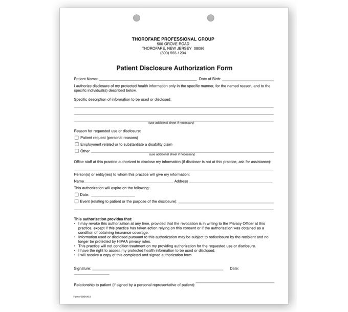 Medical Forms TwoPart Patient Disclosure Authorization HIPAA Form