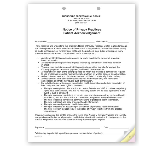 Medical Forms 3Part Notice of Privacy Practices HIPAA Acknowledgment