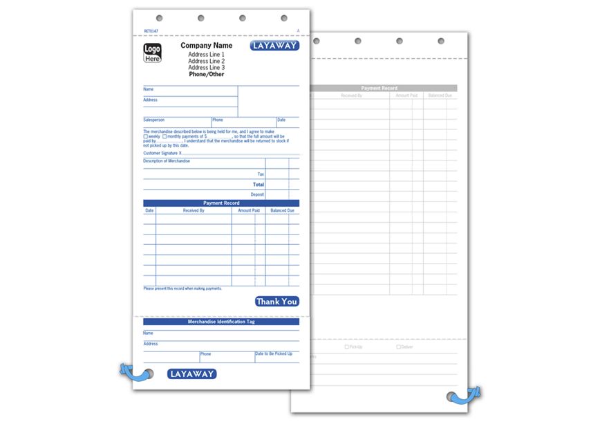 Layaway Forms With Detachable ID Tag | 7 Payment Record Rows on Front