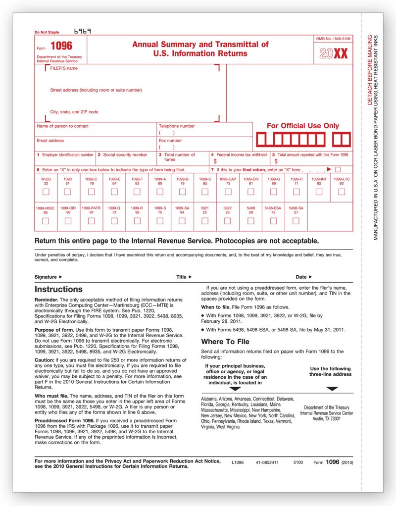 Printable Form 1096 Form 1096 (officially the annual summary and