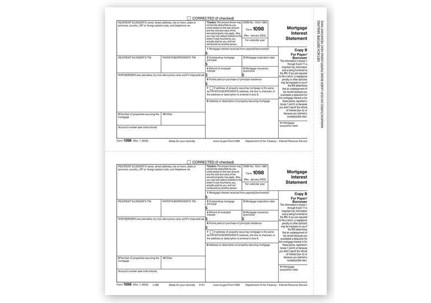 Product image for Laser 1098 Mortgage Interest Payer/Borrower Copy B Bulk - Item# TF5151B
